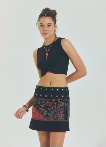 Snap Closure Patchwork Wrap Black Mini Skirt 4669